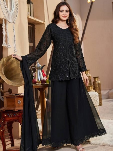 Rare Black Faux Georgette Top Palazzo Dupatta Set with Sequins Embroidery For Party Ready To Wear Suit