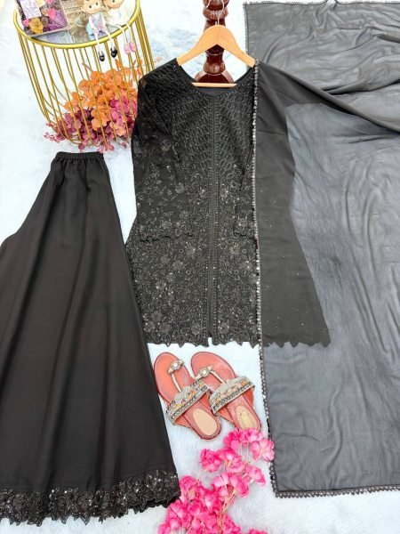 Rare Black Faux Georgette Top Palazzo Dupatta Set with Sequins Embroidery For Party Ready To Wear Collection