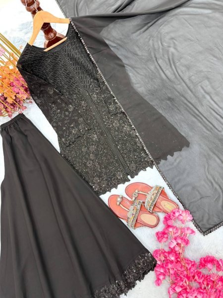 Rare Black Faux Georgette Top Palazzo Dupatta Set with Sequins Embroidery For Party Ready To Wear Collection