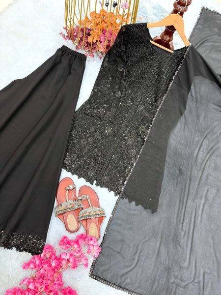Rare Black Faux Georgette Top Palazzo Dupatta Set with Sequins Embroidery For Party Ready To Wear Collection