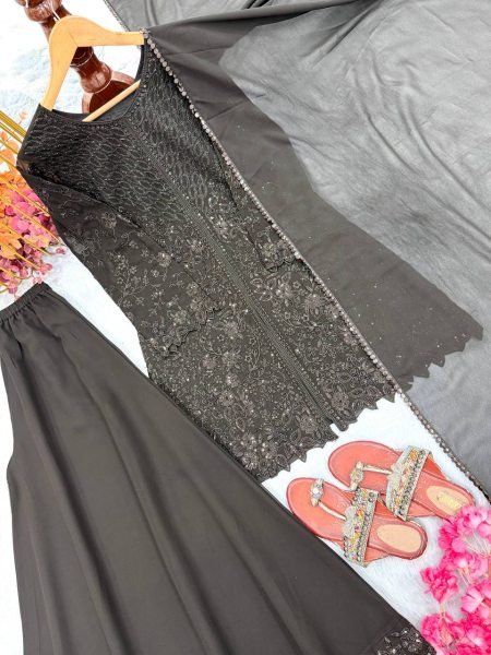 Rare Black Faux Georgette Top Palazzo Dupatta Set with Sequins Embroidery For Party Ready To Wear Collection