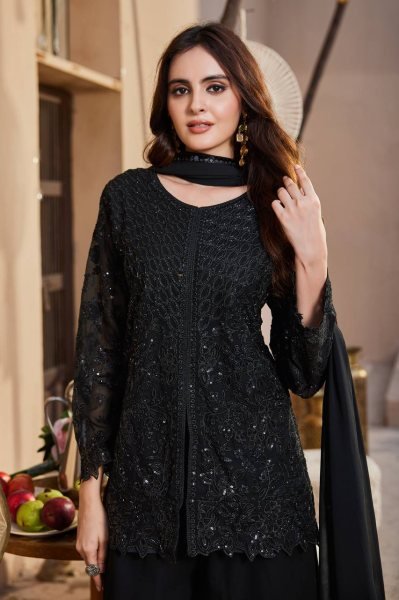 Rare Black Faux Georgette Top Palazzo Dupatta Set with Sequins Embroidery For Party Ready To Wear Collection