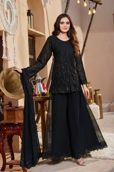 Rare Black Faux Georgette Top Palazzo Dupatta Set with Sequins Embroidery For Party Ready To Wear Collection