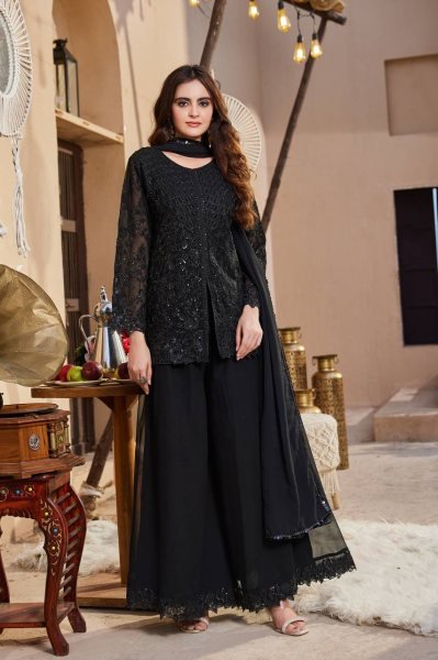 Rare Black Faux Georgette Top Palazzo Dupatta Set with Sequins Embroidery For Party Ready To Wear Collection