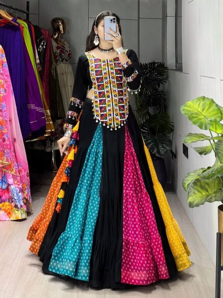 Rare Black Navratri Rayon Cotton Lehenga with Traditional Kutchi Work Top Navratri Lehnega Choli