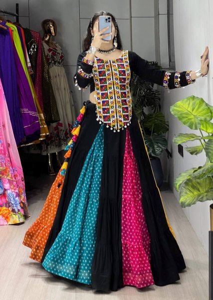 Rare Black Navratri Rayon Cotton Lehenga with Traditional Kutchi Work Top Navratri Lehnega Choli