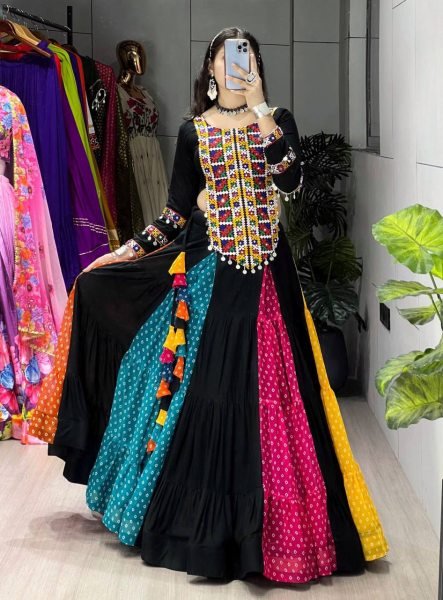 Rare Black Navratri Rayon Cotton Lehenga with Traditional Kutchi Work Top Navratri Lehnega Choli