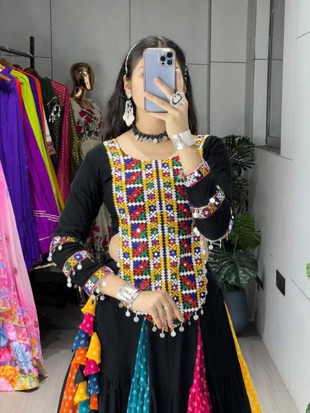 Rare Black Navratri Rayon Cotton Lehenga with Traditional Kutchi Work Top Navratri Lehnega Choli