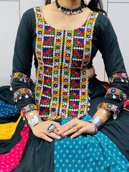 Rare Black Navratri Rayon Cotton Lehenga with Traditional Kutchi Work Top Navratri Lehnega Choli