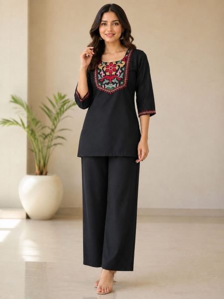 Rare Black Stylish Rayon Slub Co Ord Set with Embroidered Top for Festival  Kurtis