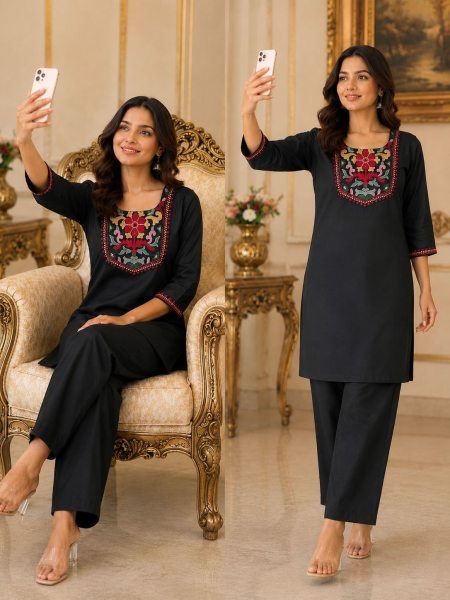 Rare Black Stylish Rayon Slub Co Ord Set with Embroidered Top for Festival  CO ORD Sets