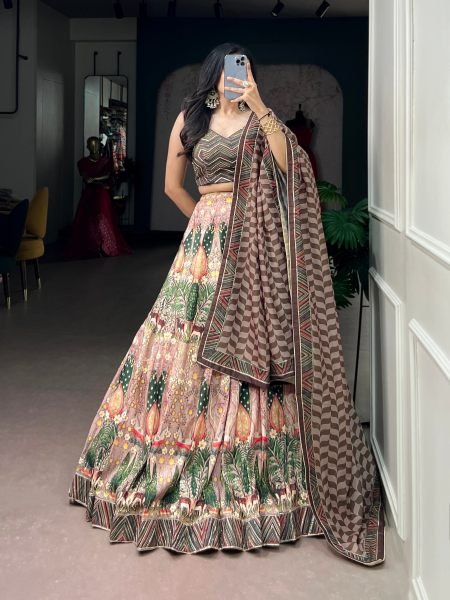 Rare Brown Vaishali Silk Lehenga Choli with Beads Work and Gotta Patti Lace 