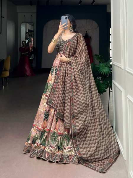 Rare Brown Vaishali Silk Lehenga Choli with Beads Work and Gotta Patti Lace Designer Lehenga Choli