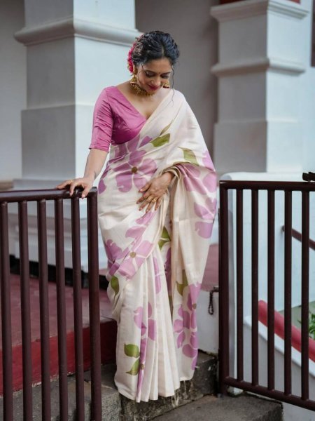 Rare Cream Pink Linen Cotton Saree with Elegant Digital Floral Print For Party Sarees 