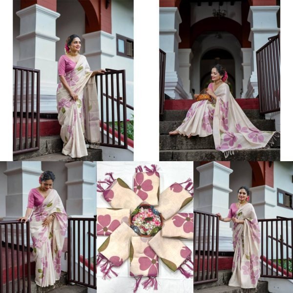 Rare Cream Pink Linen Cotton Saree with Elegant Digital Floral Print For Party Printed Cotton Sarees Wholesale