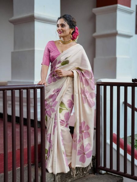 Rare Cream Pink Linen Cotton Saree with Elegant Digital Floral Print For Party Printed Cotton Sarees Wholesale