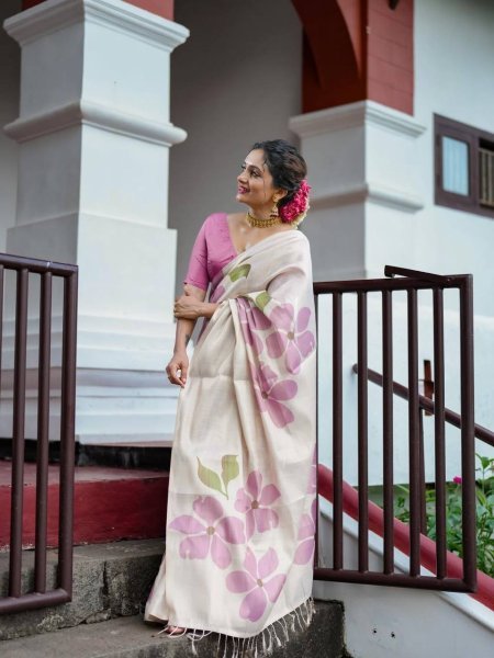 Rare Cream Pink Linen Cotton Saree with Elegant Digital Floral Print For Party Printed Cotton Sarees Wholesale