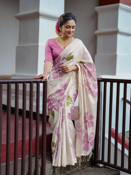 Rare Cream Pink Linen Cotton Saree with Elegant Digital Floral Print For Party Printed Cotton Sarees Wholesale