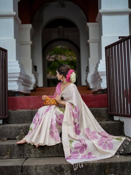 Rare Cream Pink Linen Cotton Saree with Elegant Digital Floral Print For Party Printed Cotton Sarees Wholesale
