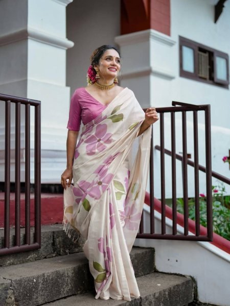 Rare Cream Pink Linen Cotton Saree with Elegant Digital Floral Print For Party Printed Cotton Sarees Wholesale