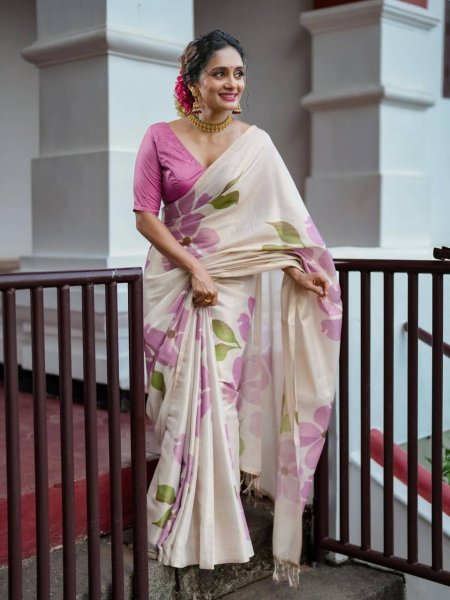 Rare Cream Pink Linen Cotton Saree with Elegant Digital Floral Print For Party Printed Cotton Sarees Wholesale