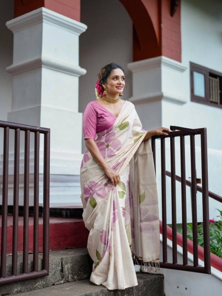 Rare Cream Pink Linen Cotton Saree with Elegant Digital Floral Print For Party Printed Cotton Sarees Wholesale