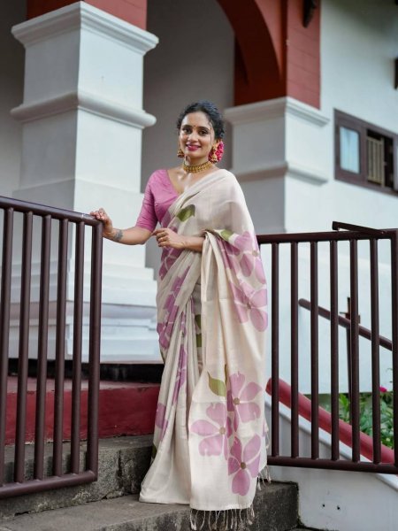 Rare Cream Pink Linen Cotton Saree with Elegant Digital Floral Print For Party Printed Cotton Sarees Wholesale