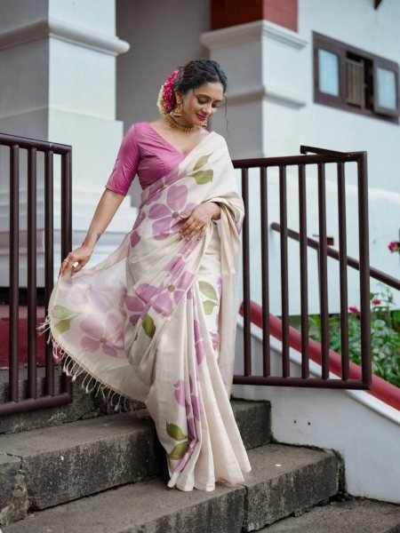Rare Cream Pink Linen Cotton Saree with Elegant Digital Floral Print For Party Printed Cotton Sarees Wholesale