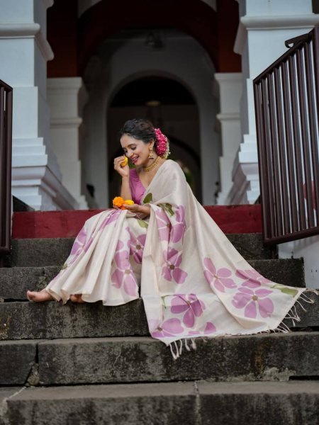 Rare Cream Pink Linen Cotton Saree with Elegant Digital Floral Print For Party Printed Cotton Sarees Wholesale