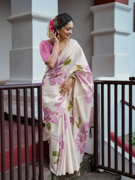 Rare Cream Pink Linen Cotton Saree with Elegant Digital Floral Print For Party Printed Cotton Sarees Wholesale
