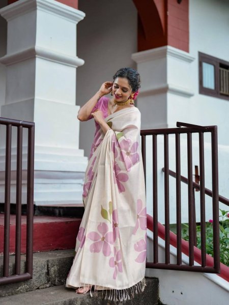 Rare Cream Pink Linen Cotton Saree with Elegant Digital Floral Print For Party Printed Cotton Sarees Wholesale