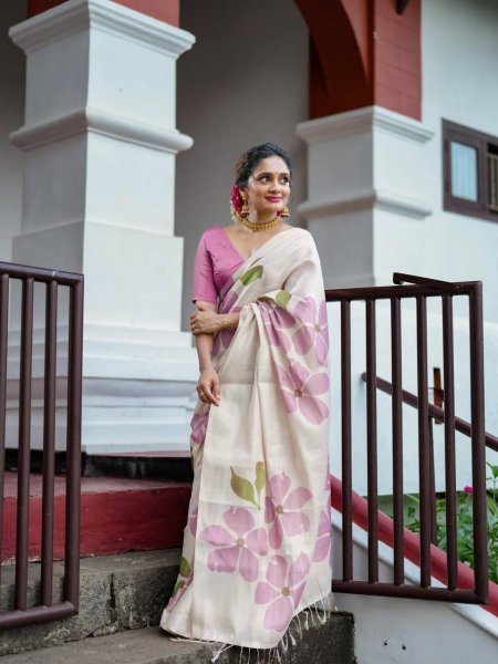 Rare Cream Pink Linen Cotton Saree with Elegant Digital Floral Print For Party Printed Cotton Sarees Wholesale