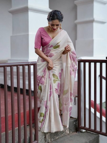 Rare Cream Pink Linen Cotton Saree with Elegant Digital Floral Print For Party Printed Cotton Sarees Wholesale