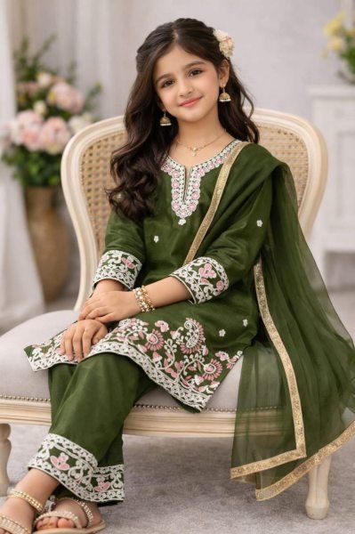 Rare Green Girls Pakistani Style Formal Eid Shalwar Kameez with Dupatta  Girls Wear