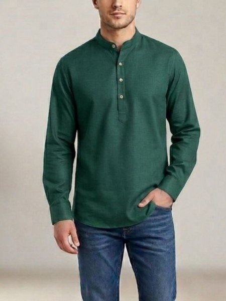 Rare Green Premium Heavy Cotton Men s Short Kurta with Full Sleeves 