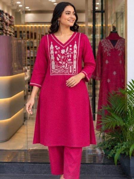 Rare Hot pink Designer Rayon Slub Embroidered Top Bottom Set at Wholesale Rate 