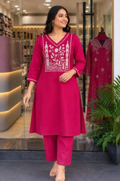 Rare Hot pink Designer Rayon Slub Embroidered Top Bottom Set at Wholesale Rate Kurti With Bottom Wholesale
