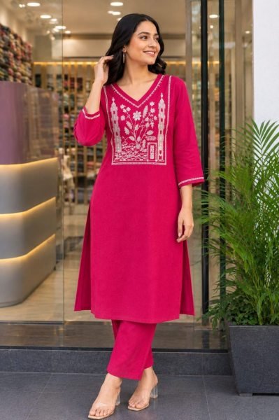 Rare Hot pink Designer Rayon Slub Embroidered Top Bottom Set at Wholesale Rate Kurti With Bottom Wholesale