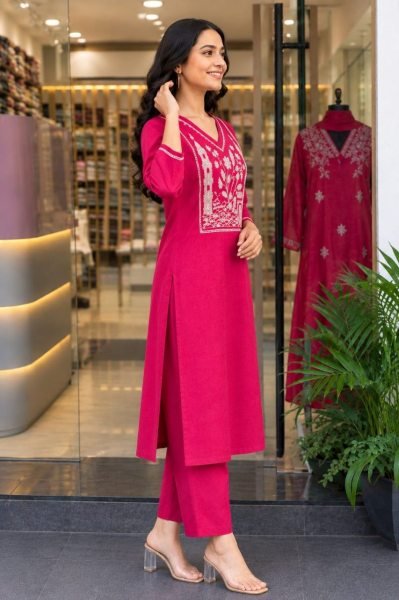Rare Hot pink Designer Rayon Slub Embroidered Top Bottom Set at Wholesale Rate Kurti With Bottom Wholesale