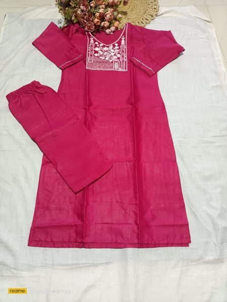 Rare Hot pink Designer Rayon Slub Embroidered Top Bottom Set at Wholesale Rate Kurti With Bottom Wholesale