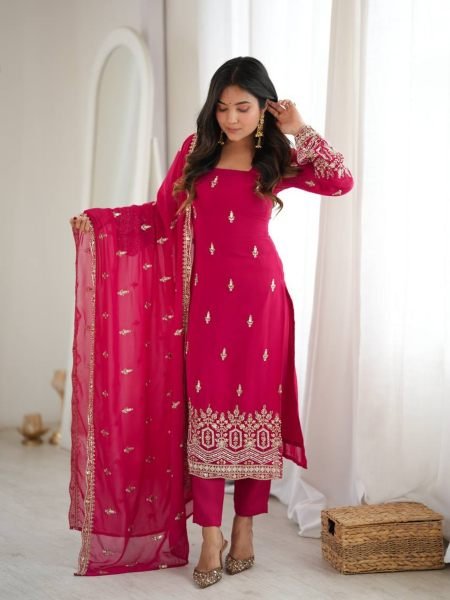 Rare Hot Pink Heavy Faux Georgette Suit with Sequin and Beads Work at Manufacturer  Ready To Wear Suit
