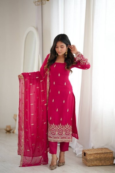 Rare Hot Pink Heavy Faux Georgette Suit with Sequin and Beads Work at Manufacturer  Ready To Wear Collection