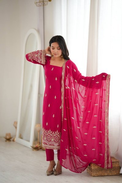 Rare Hot Pink Heavy Faux Georgette Suit with Sequin and Beads Work at Manufacturer  Ready To Wear Collection