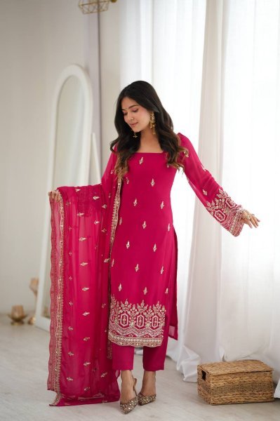 Rare Hot Pink Heavy Faux Georgette Suit with Sequin and Beads Work at Manufacturer  Ready To Wear Collection