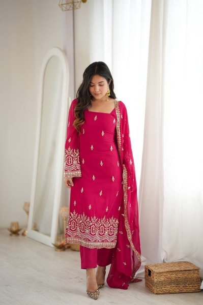 Rare Hot Pink Heavy Faux Georgette Suit with Sequin and Beads Work at Manufacturer  Ready To Wear Collection