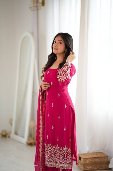 Rare Hot Pink Heavy Faux Georgette Suit with Sequin and Beads Work at Manufacturer  Ready To Wear Collection