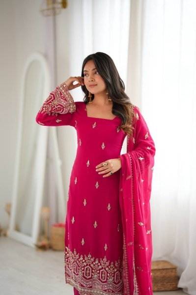 Rare Hot Pink Heavy Faux Georgette Suit with Sequin and Beads Work at Manufacturer  Ready To Wear Collection