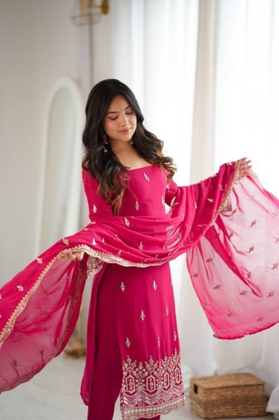 Rare Hot Pink Heavy Faux Georgette Suit with Sequin and Beads Work at Manufacturer  Ready To Wear Collection