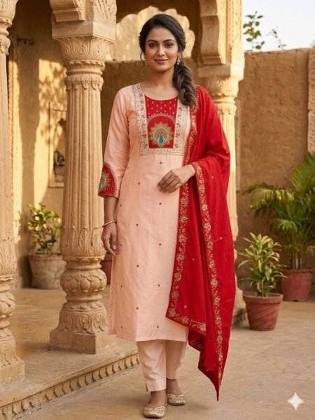 Rare Light Pink Straight Kurti Set with Contrast Dupatta for Office and Party Wear Kurtis