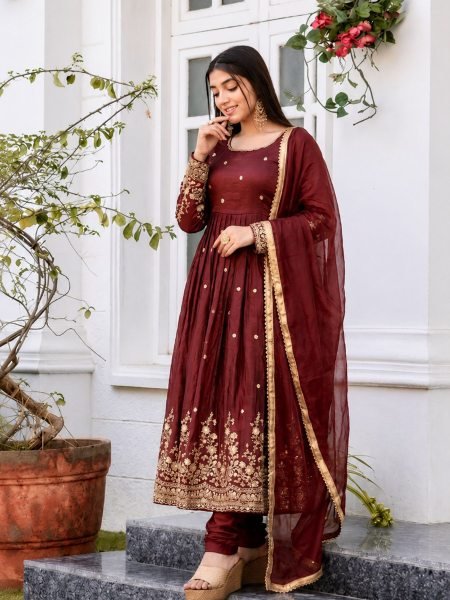Rare Maroon Fendy Silk Gown Set with Embroidered Work With Full Sleeves For Wedding  Ready To Wear Suit